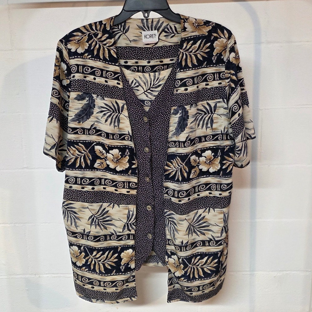 Koret Vintage Women XL Navy Tan Tropical Botanical Layered Look Button Up Blouse